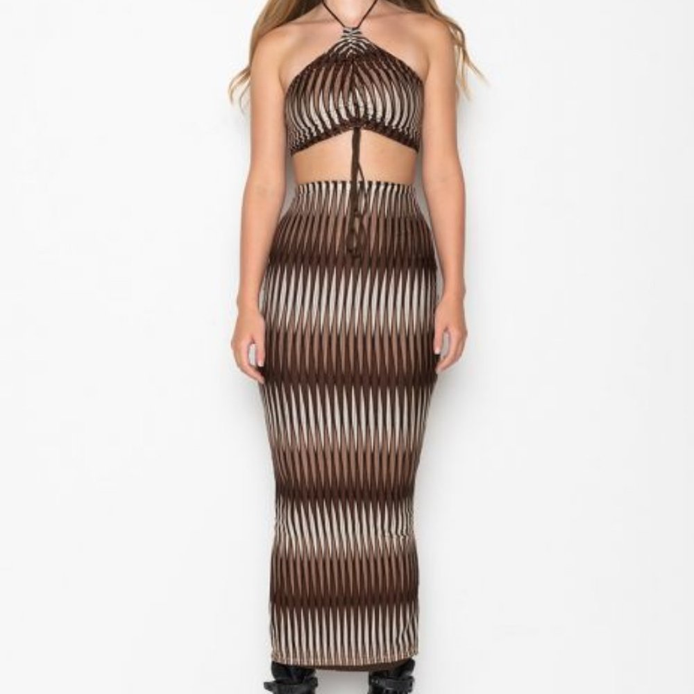 Zara Brown and Cream Halter Maxi Two-Piece Dress